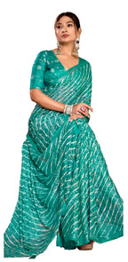 Women's Rama Leheriya Printed Silk Blend Saree With Unstitched Blouse Piece