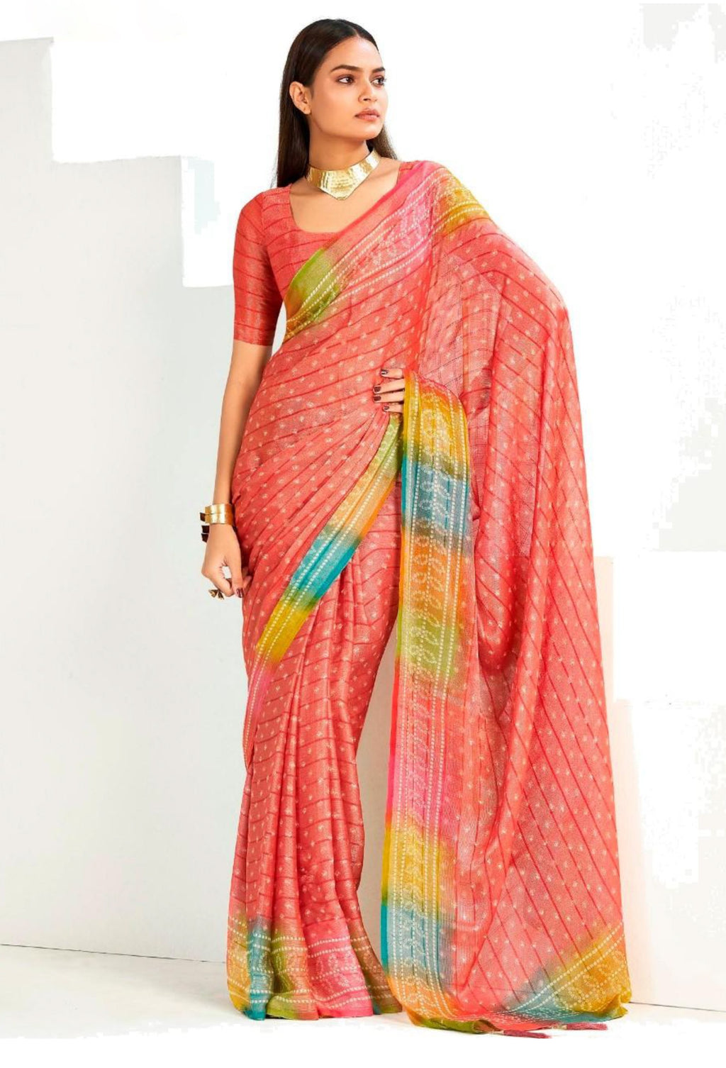 Women's Red Bandhani Printed Shimmer Net Saree With Unstitched Blouse Piece