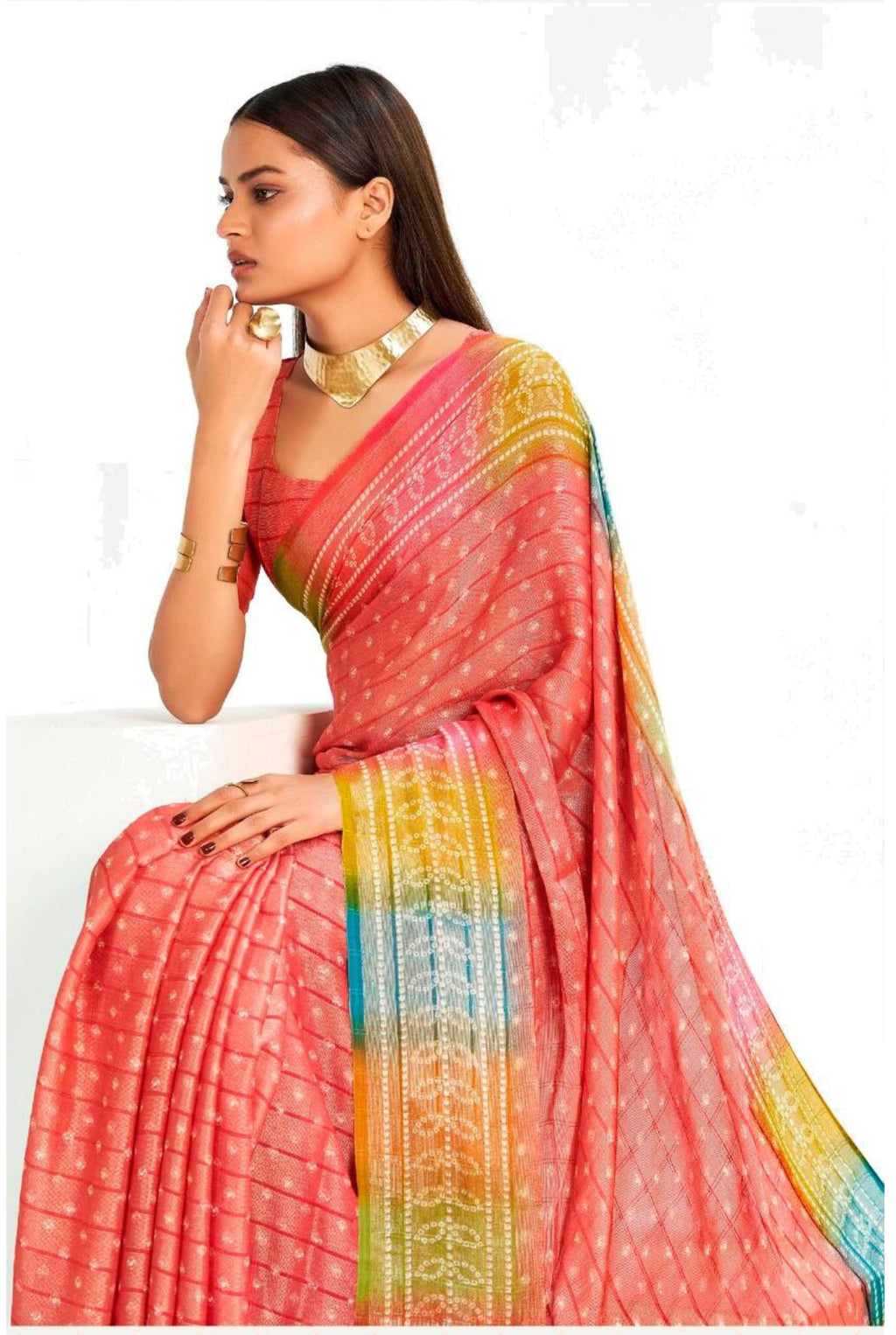 Women's Red Bandhani Printed Shimmer Net Saree With Unstitched Blouse Piece