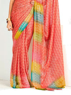 Women's Red Bandhani Printed Shimmer Net Saree With Unstitched Blouse Piece