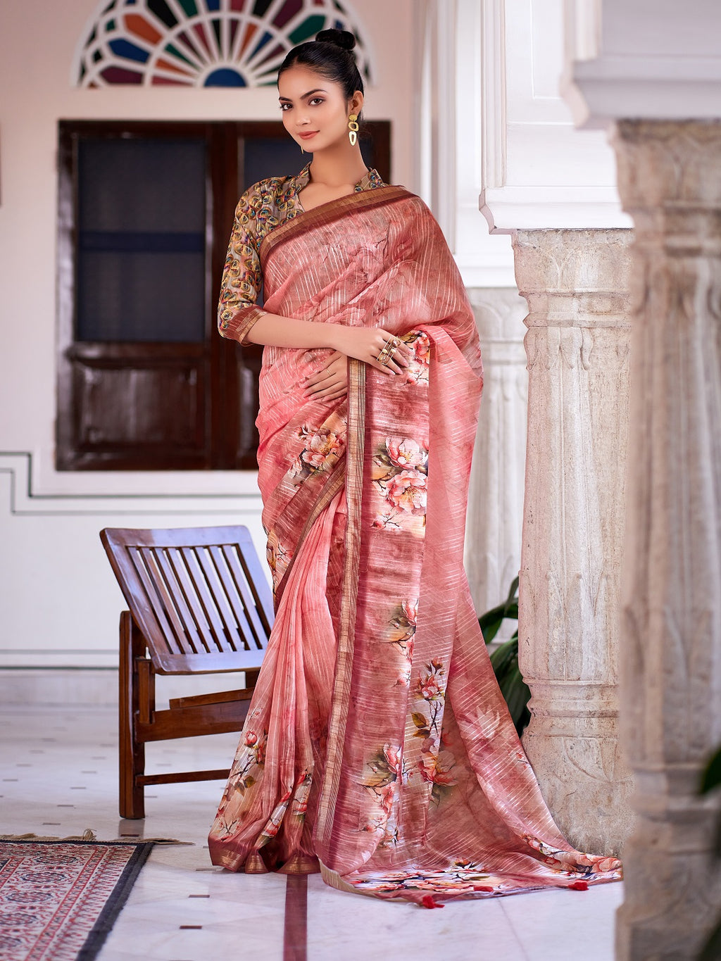 Women's Peach Digital Print Zari Border Linen Saree