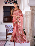 Women's Peach Digital Print Zari Border Linen Saree