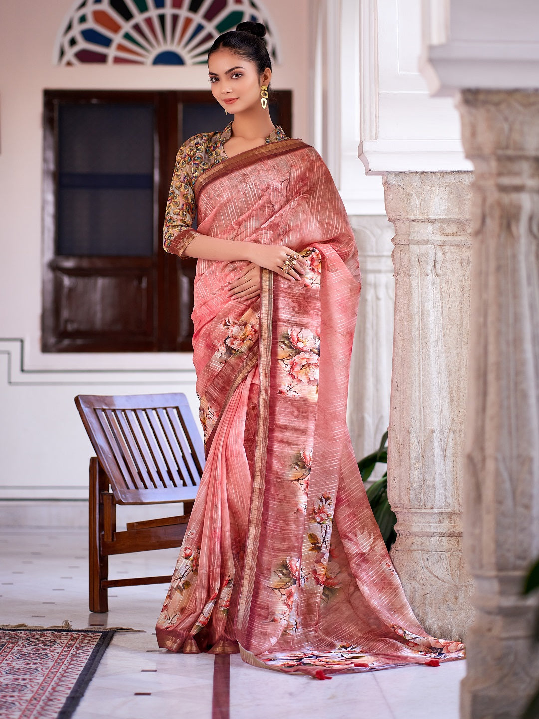 Women's Peach Digital Print Zari Border Linen Saree
