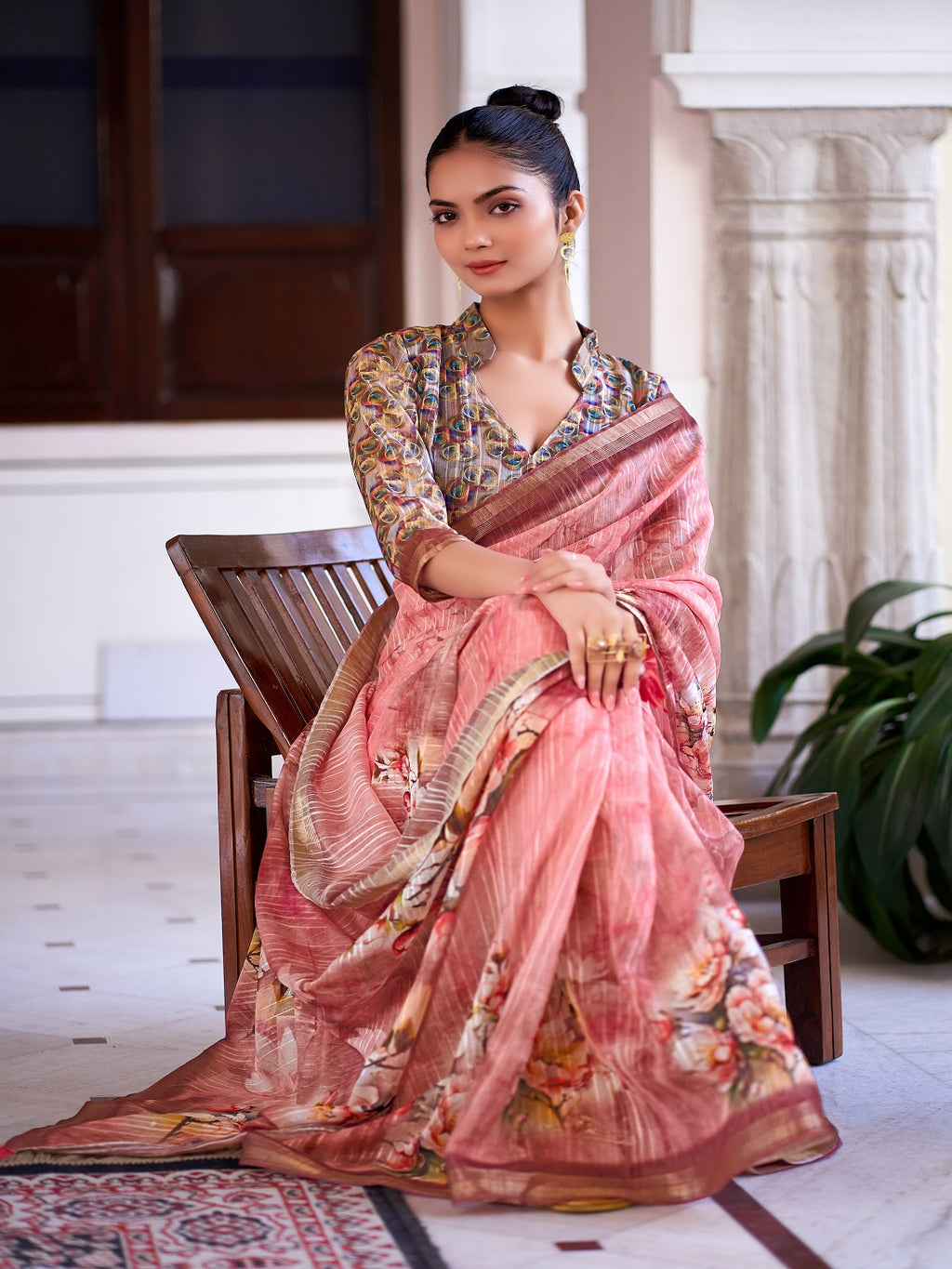 Women's Peach Digital Print Zari Border Linen Saree