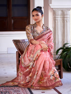 Women's Peach Digital Print Zari Border Linen Saree