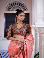 Women's Peach Digital Print Zari Border Linen Saree