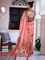 Women's Peach Digital Print Zari Border Linen Saree