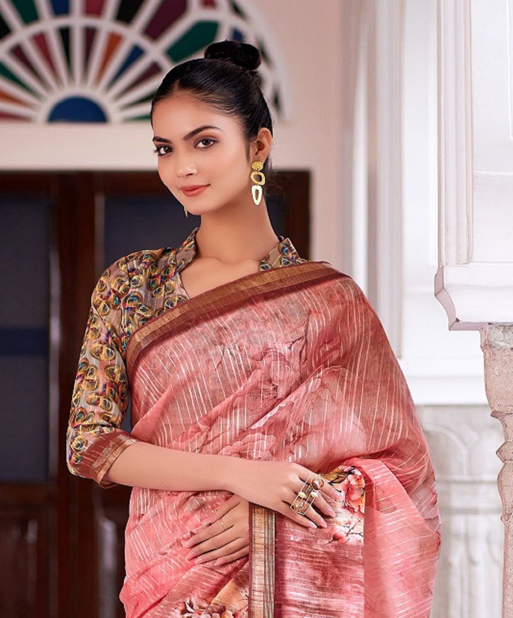 Women's Peach Digital Print Zari Border Linen Saree