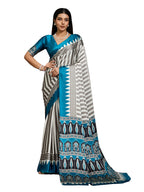 Women's Sky Ajrakh Printed Modal Satin Saree With Unstitched Blouse Piece