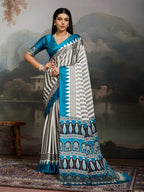Women's Sky Ajrakh Printed Modal Satin Saree With Unstitched Blouse Piece