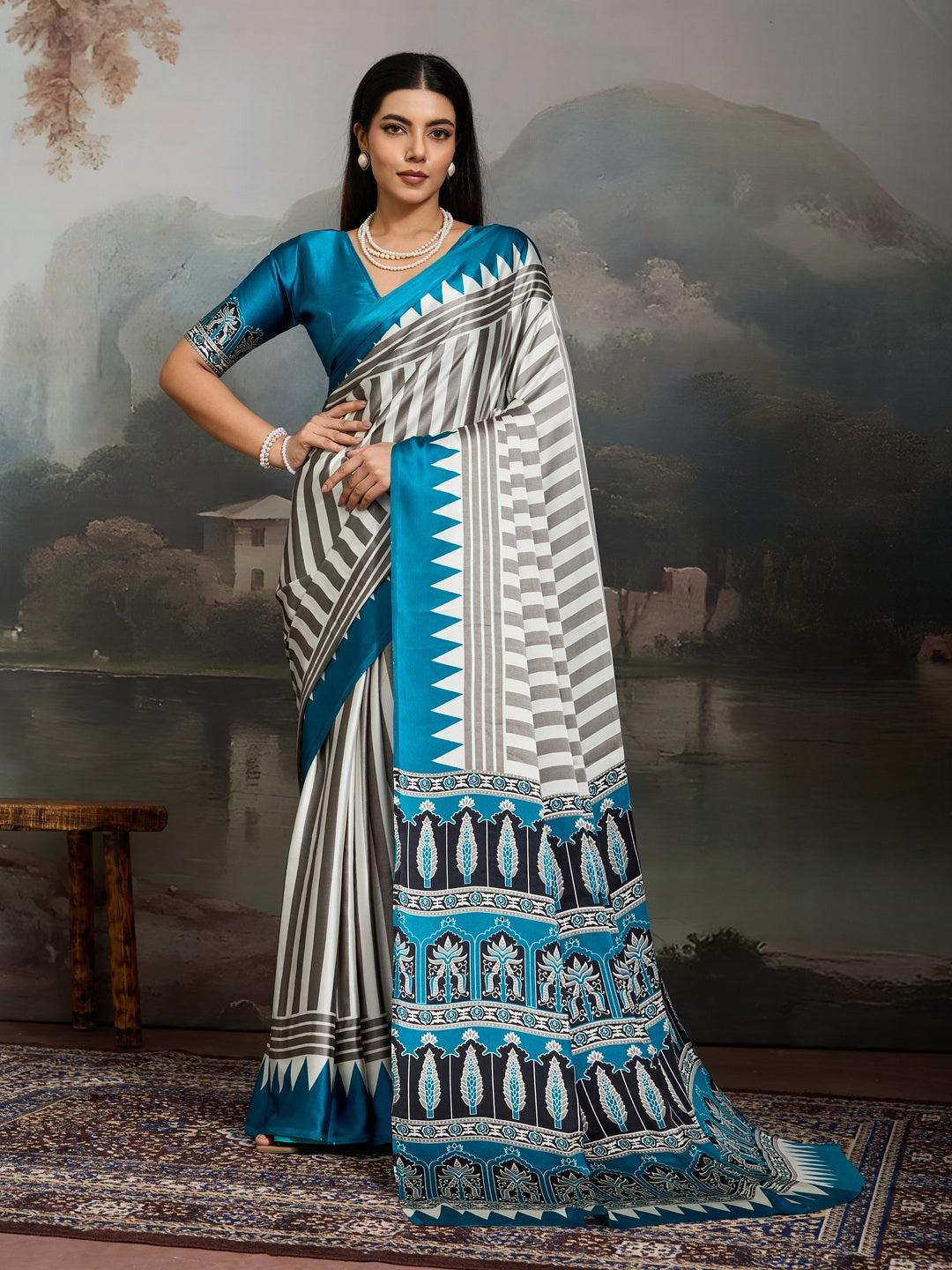 Women's Sky Ajrakh Printed Modal Satin Saree With Unstitched Blouse Piece