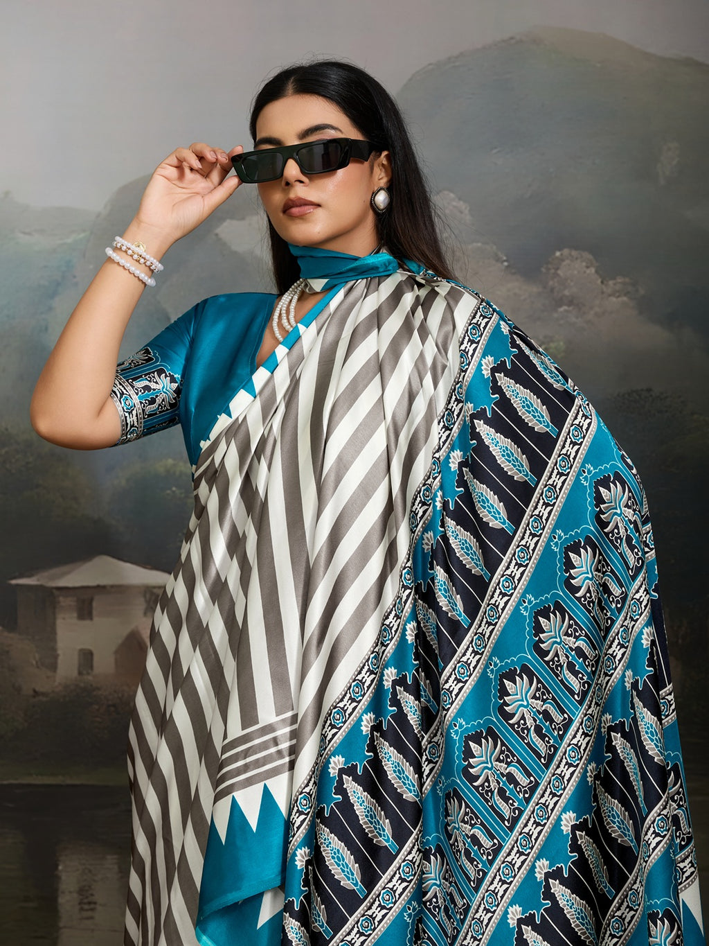 Women's Sky Ajrakh Printed Modal Satin Saree With Unstitched Blouse Piece