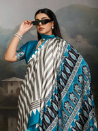 Women's Sky Ajrakh Printed Modal Satin Saree With Unstitched Blouse Piece