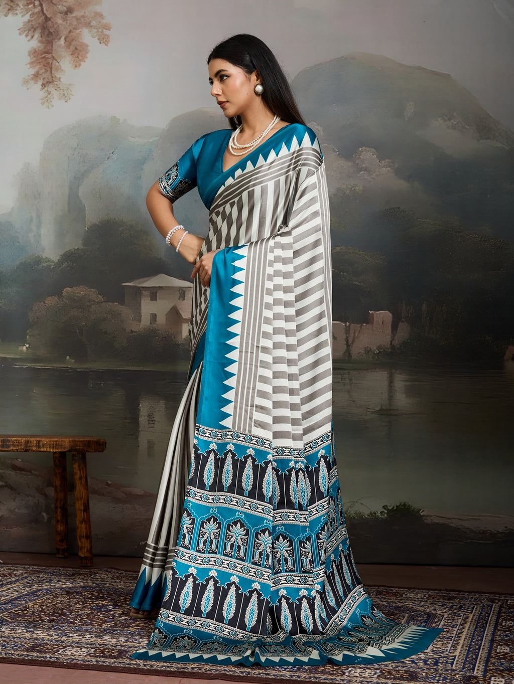 Women's Sky Ajrakh Printed Modal Satin Saree With Unstitched Blouse Piece