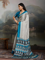 Women's Sky Ajrakh Printed Modal Satin Saree With Unstitched Blouse Piece