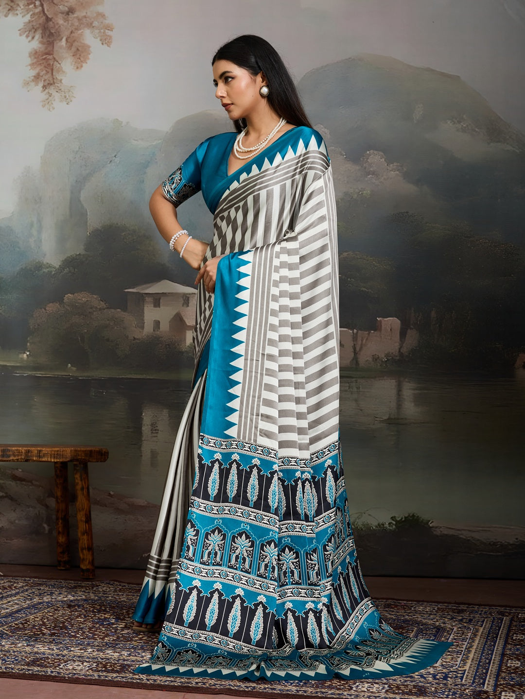 Women's Sky Ajrakh Printed Modal Satin Saree With Unstitched Blouse Piece