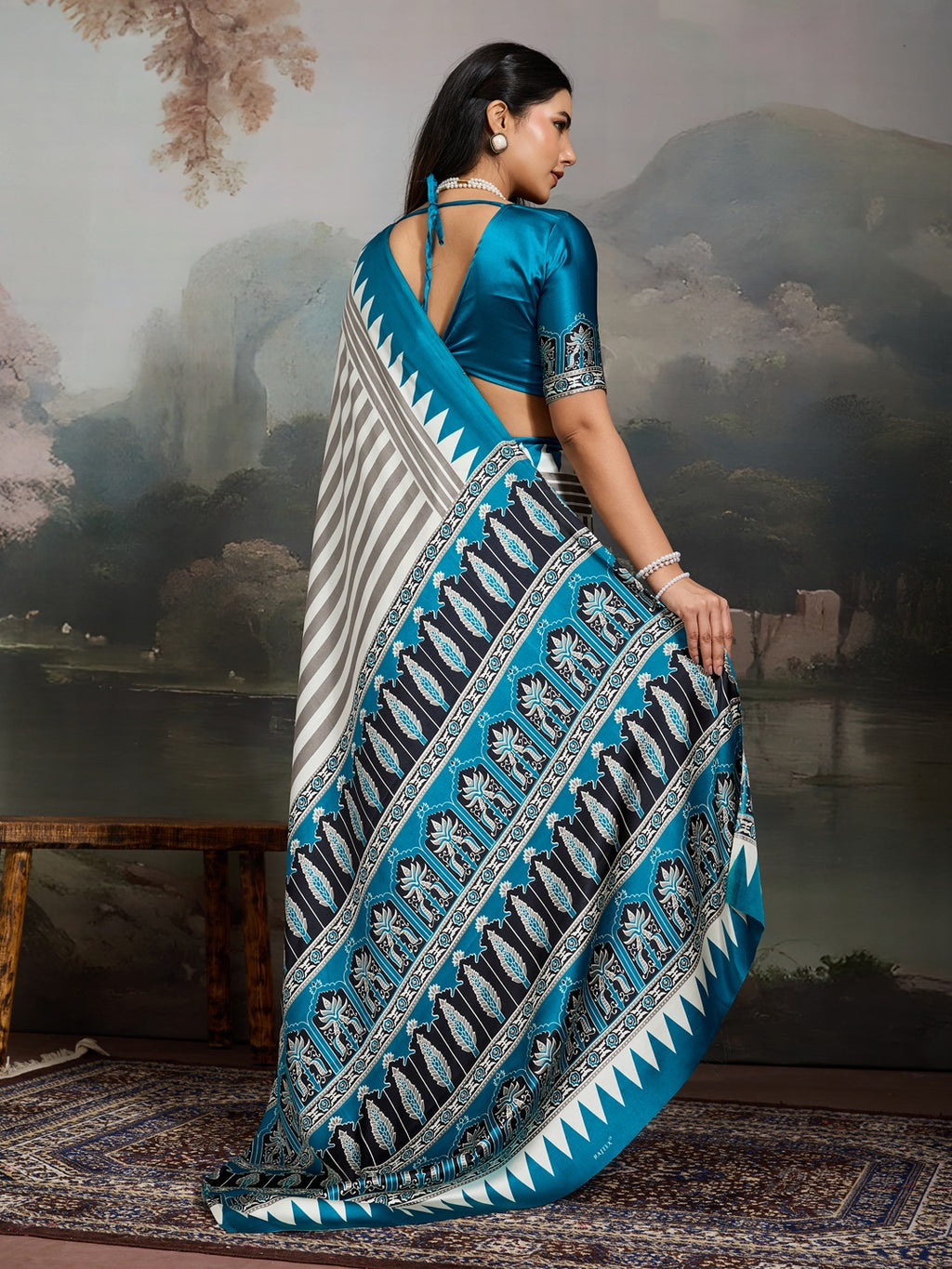 Women's Sky Ajrakh Printed Modal Satin Saree With Unstitched Blouse Piece