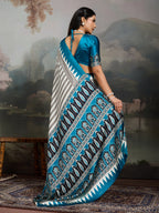 Women's Sky Ajrakh Printed Modal Satin Saree With Unstitched Blouse Piece