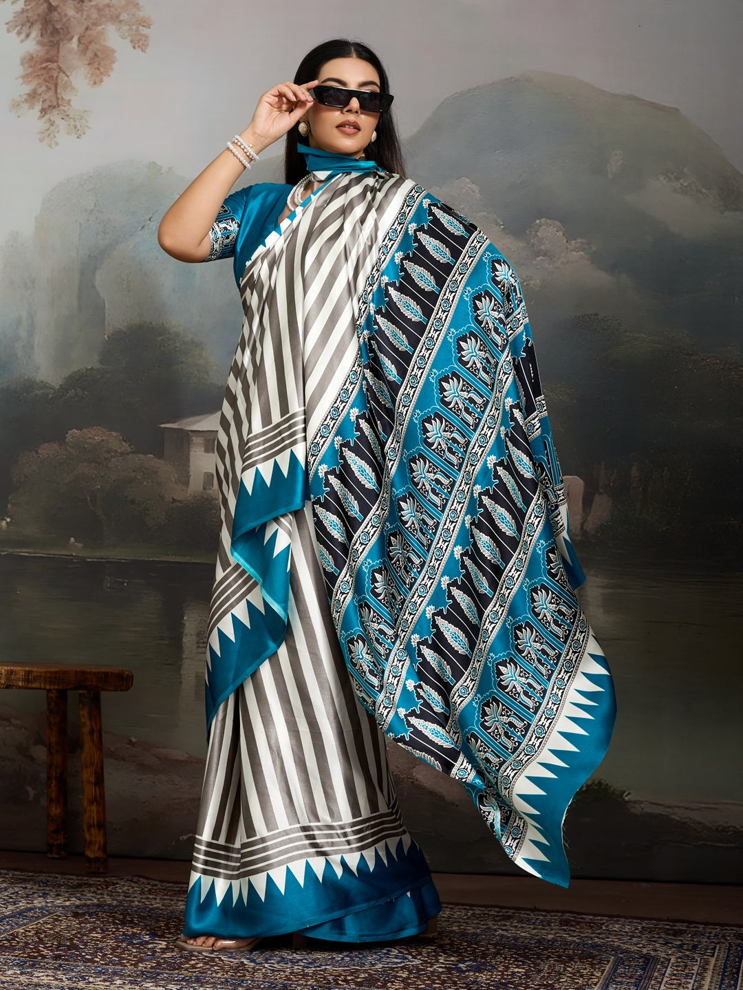 Women's Sky Ajrakh Printed Modal Satin Saree With Unstitched Blouse Piece
