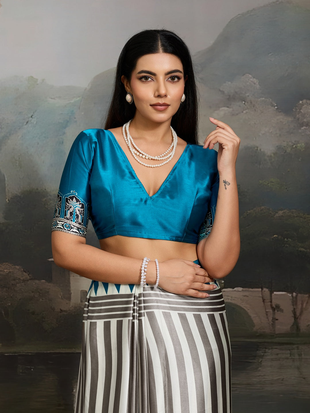 Women's Sky Ajrakh Printed Modal Satin Saree With Unstitched Blouse Piece