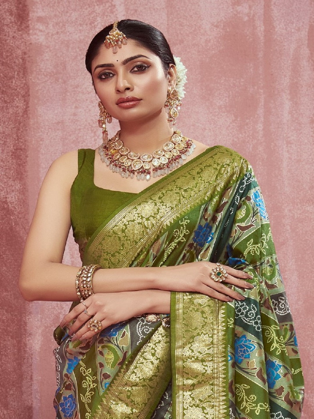 Women's Leheriya & Bandhej Printed Zari Border Silk Saree