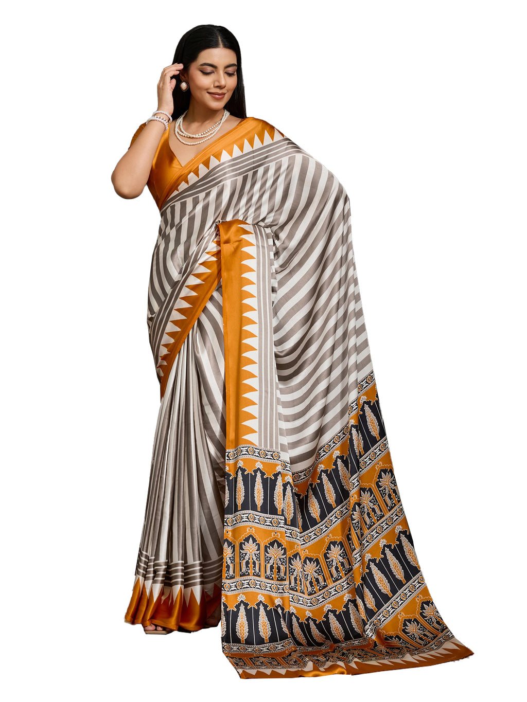 Women's Yellow Ajrakh Printed Modal Satin Saree With Unstitched Blouse Piece