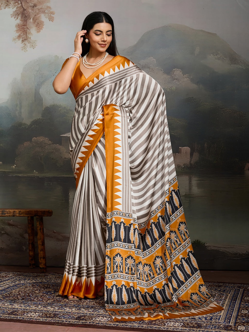 Women's Yellow Ajrakh Printed Modal Satin Saree With Unstitched Blouse Piece