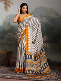 Women's Yellow Ajrakh Printed Modal Satin Saree With Unstitched Blouse Piece