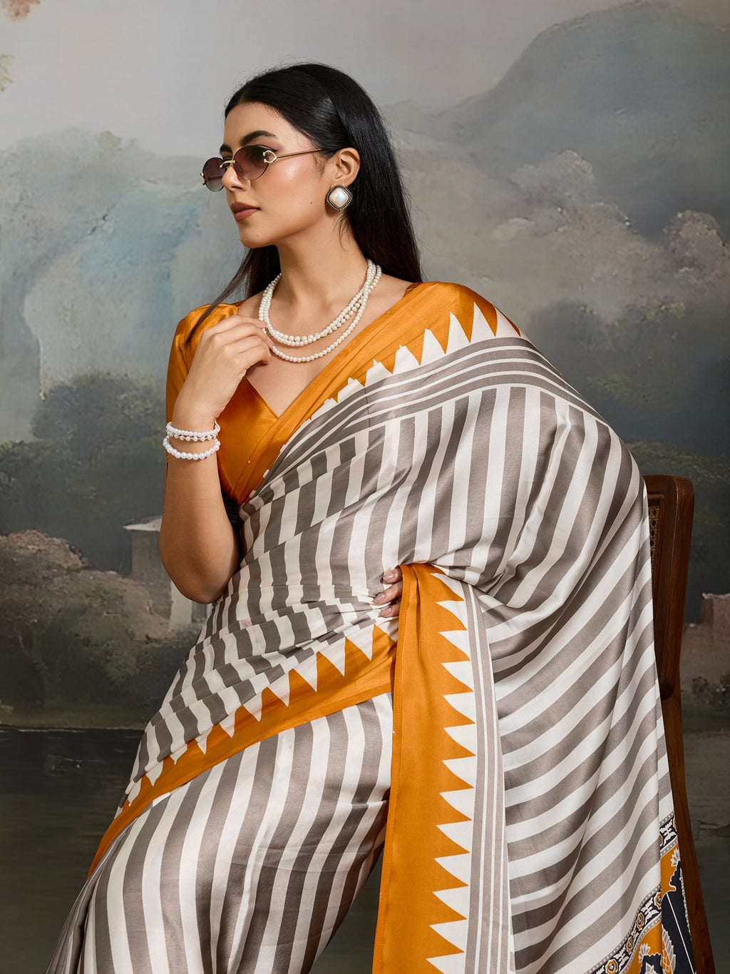 Women's Yellow Ajrakh Printed Modal Satin Saree With Unstitched Blouse Piece