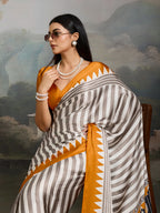Women's Yellow Ajrakh Printed Modal Satin Saree With Unstitched Blouse Piece