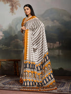 Women's Yellow Ajrakh Printed Modal Satin Saree With Unstitched Blouse Piece