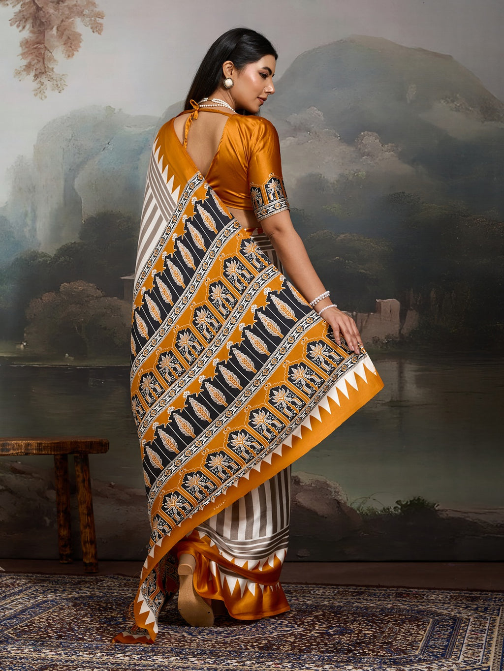 Women's Yellow Ajrakh Printed Modal Satin Saree With Unstitched Blouse Piece