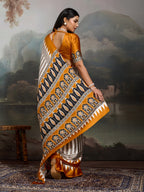 Women's Yellow Ajrakh Printed Modal Satin Saree With Unstitched Blouse Piece