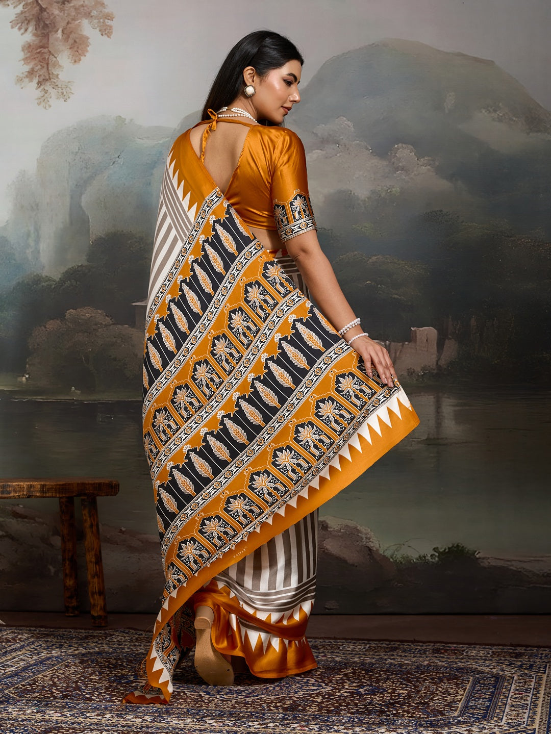 Women's Yellow Ajrakh Printed Modal Satin Saree With Unstitched Blouse Piece