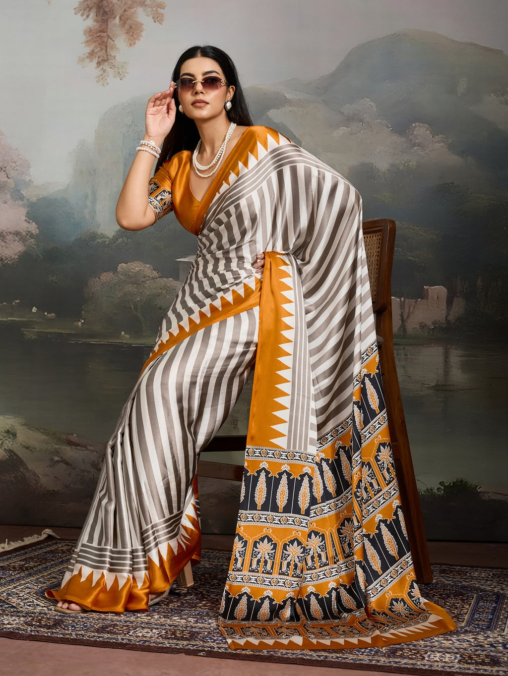 Women's Yellow Ajrakh Printed Modal Satin Saree With Unstitched Blouse Piece