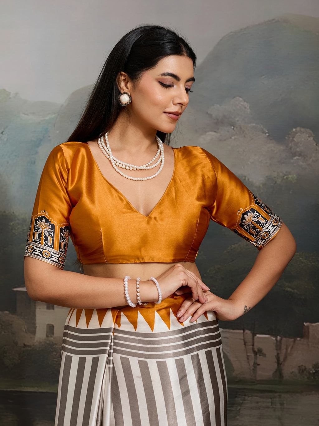 Women's Yellow Ajrakh Printed Modal Satin Saree With Unstitched Blouse Piece