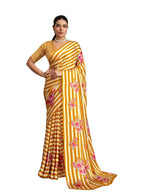 Women's Yellow Floral Printed Satin Saree With Unstitched Blouse Piece