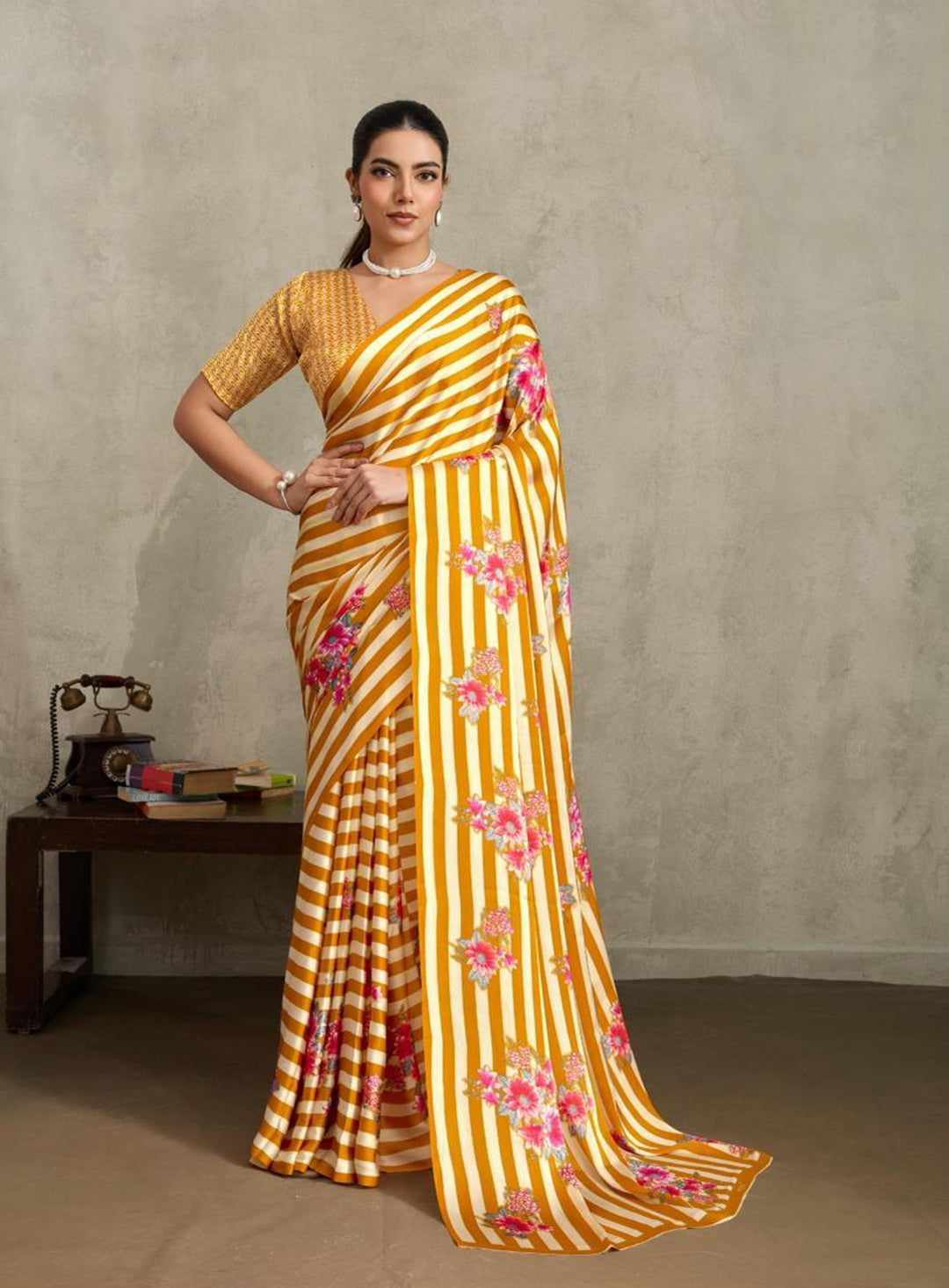 Women's Yellow Floral Printed Satin Saree With Unstitched Blouse Piece
