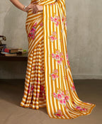 Women's Yellow Floral Printed Satin Saree With Unstitched Blouse Piece