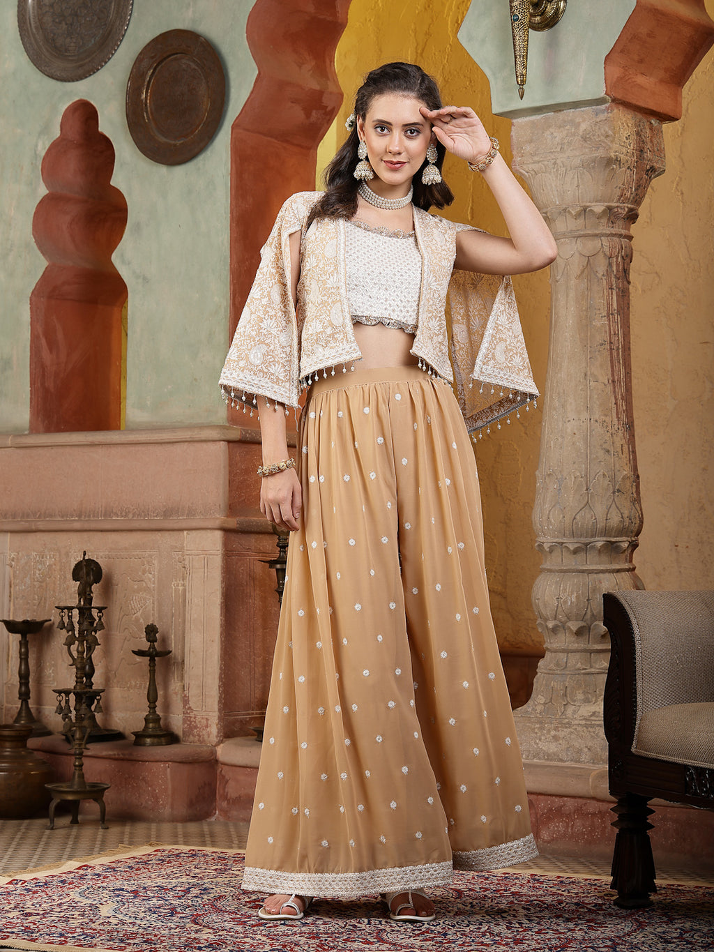 Women's Beige Jacket Style Party Wear Georgette Crop Top Palazzo Dupatta Co-ord Set