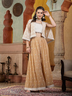 Women's Beige Jacket Style Party Wear Georgette Crop Top Palazzo Dupatta Co-ord Set