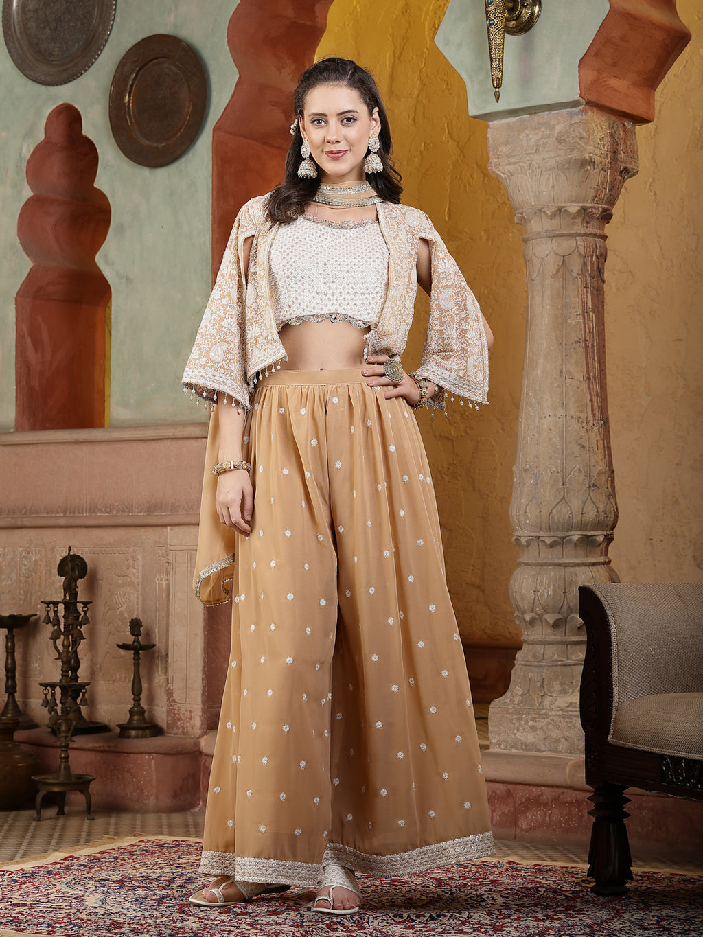Women's Beige Jacket Style Party Wear Georgette Crop Top Palazzo Dupatta Co-ord Set
