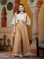 Women's Beige Jacket Style Party Wear Georgette Crop Top Palazzo Dupatta Co-ord Set