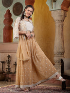 Women's Beige Jacket Style Party Wear Georgette Crop Top Palazzo Dupatta Co-ord Set