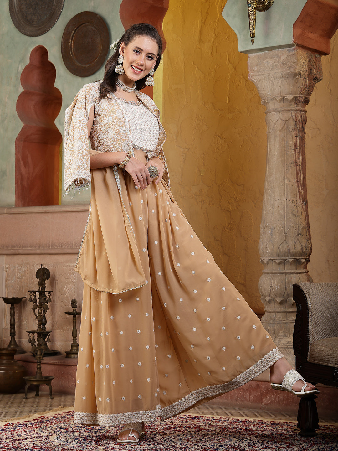 Women's Beige Jacket Style Party Wear Georgette Crop Top Palazzo Dupatta Co-ord Set