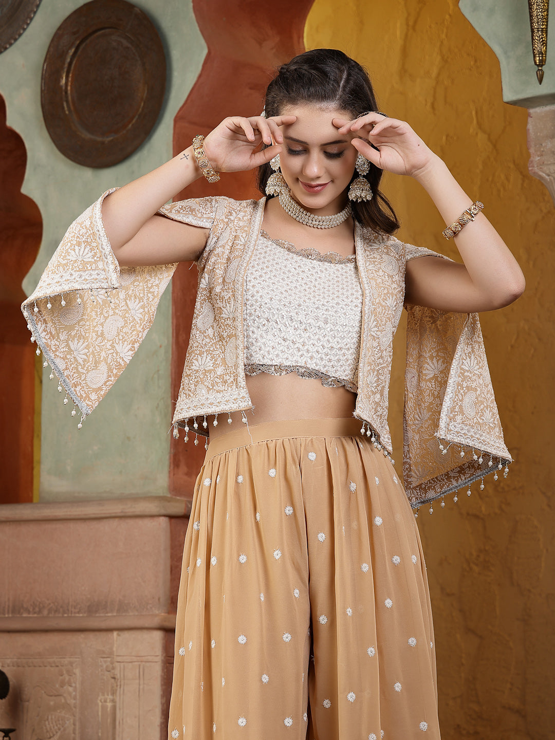 Women's Beige Jacket Style Party Wear Georgette Crop Top Palazzo Dupatta Co-ord Set