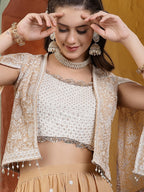 Women's Beige Jacket Style Party Wear Georgette Crop Top Palazzo Dupatta Co-ord Set