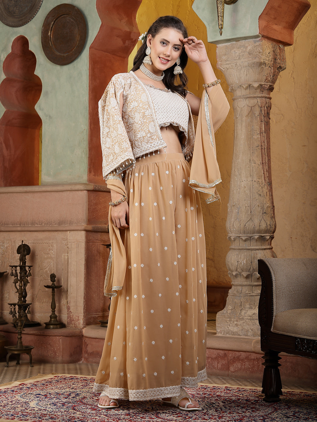 Women's Beige Jacket Style Party Wear Georgette Crop Top Palazzo Dupatta Co-ord Set