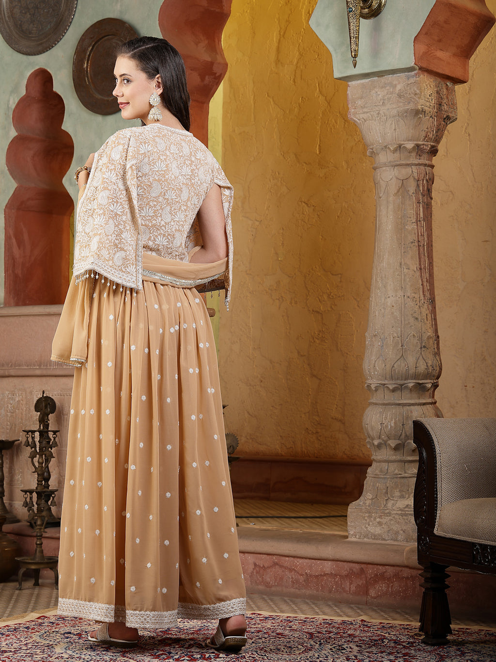Women's Beige Jacket Style Party Wear Georgette Crop Top Palazzo Dupatta Co-ord Set