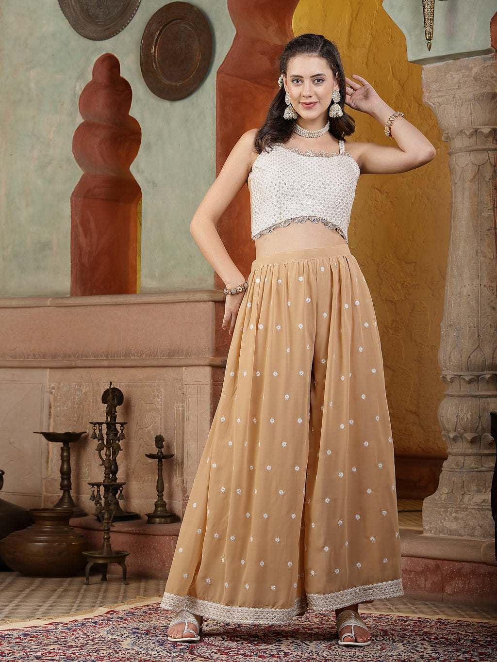 Women's Beige Jacket Style Party Wear Georgette Crop Top Palazzo Dupatta Co-ord Set